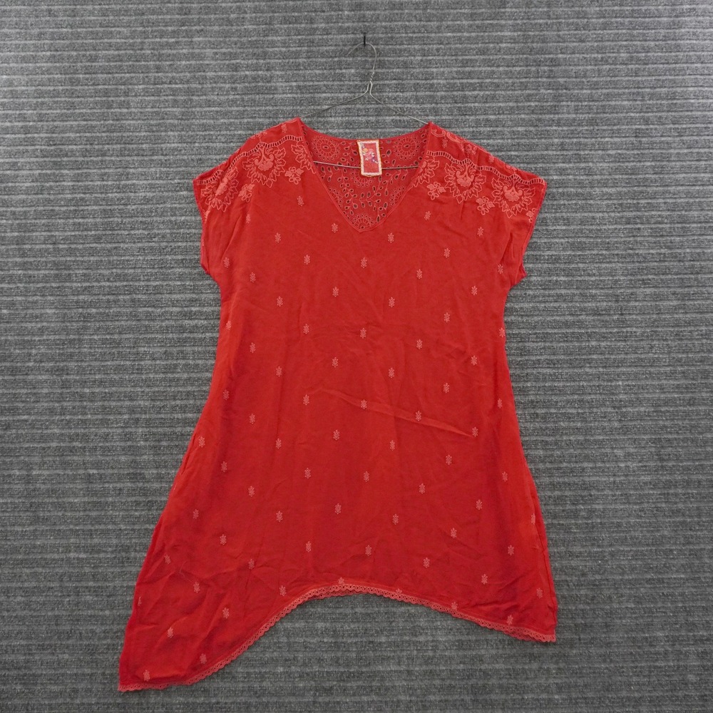 Johnny Was Tunic Top Womens L Red Eyelet Embroidered Asymmetrical Hem